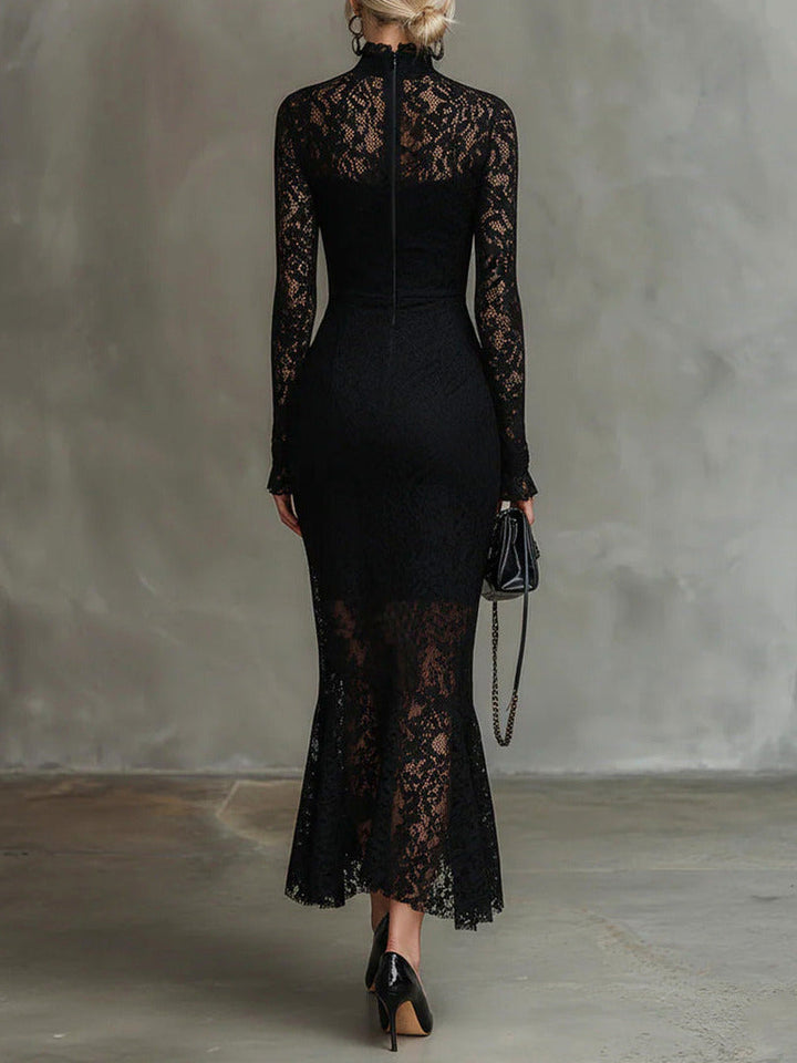 Womens black lace long sleeve midi dress, view 2