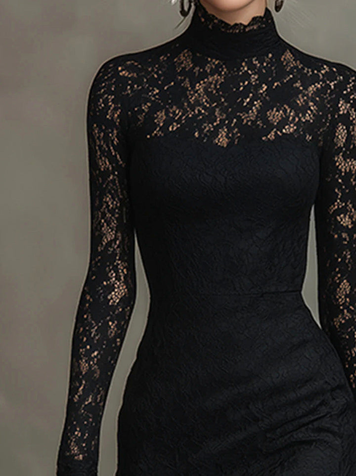 Womens black lace long sleeve midi dress, view 3