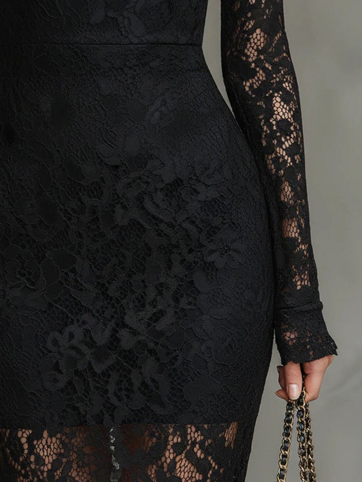 Womens black lace long sleeve midi dress, view 4