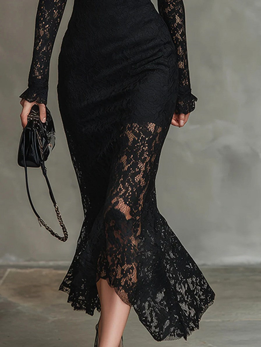 Womens black lace long sleeve midi dress, view 5