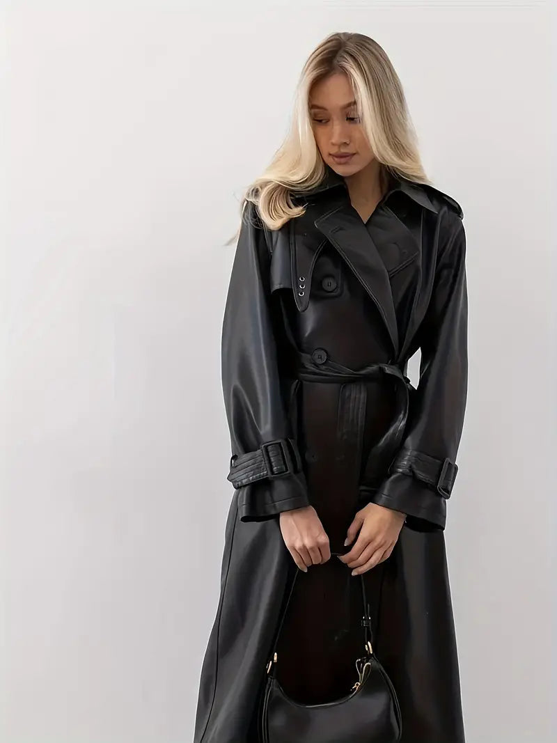 Womens black faux leather trench coat, view 2