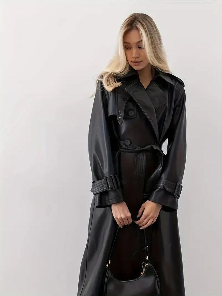 Womens black faux leather trench coat, view 2