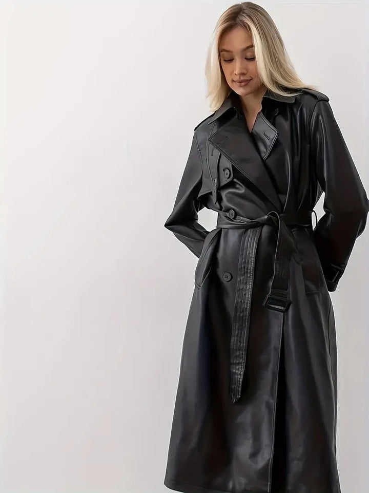 Womens black faux leather trench coat, view 3