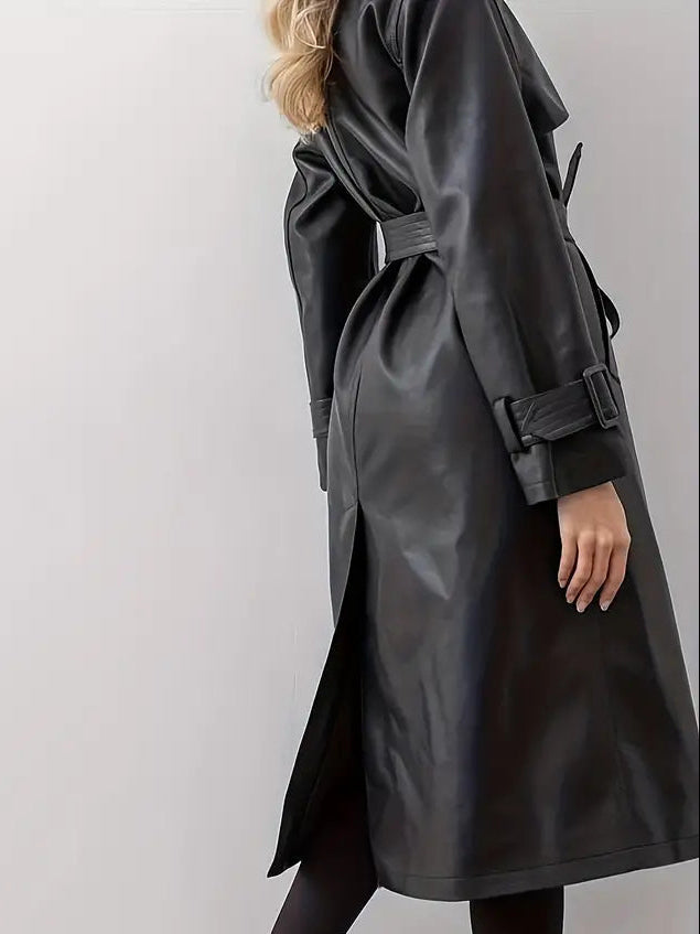 Womens black faux leather trench coat, view 4