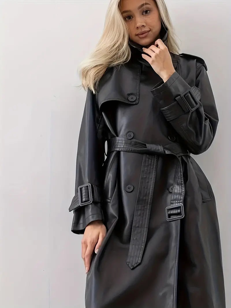 Womens black faux leather trench coat, view 5