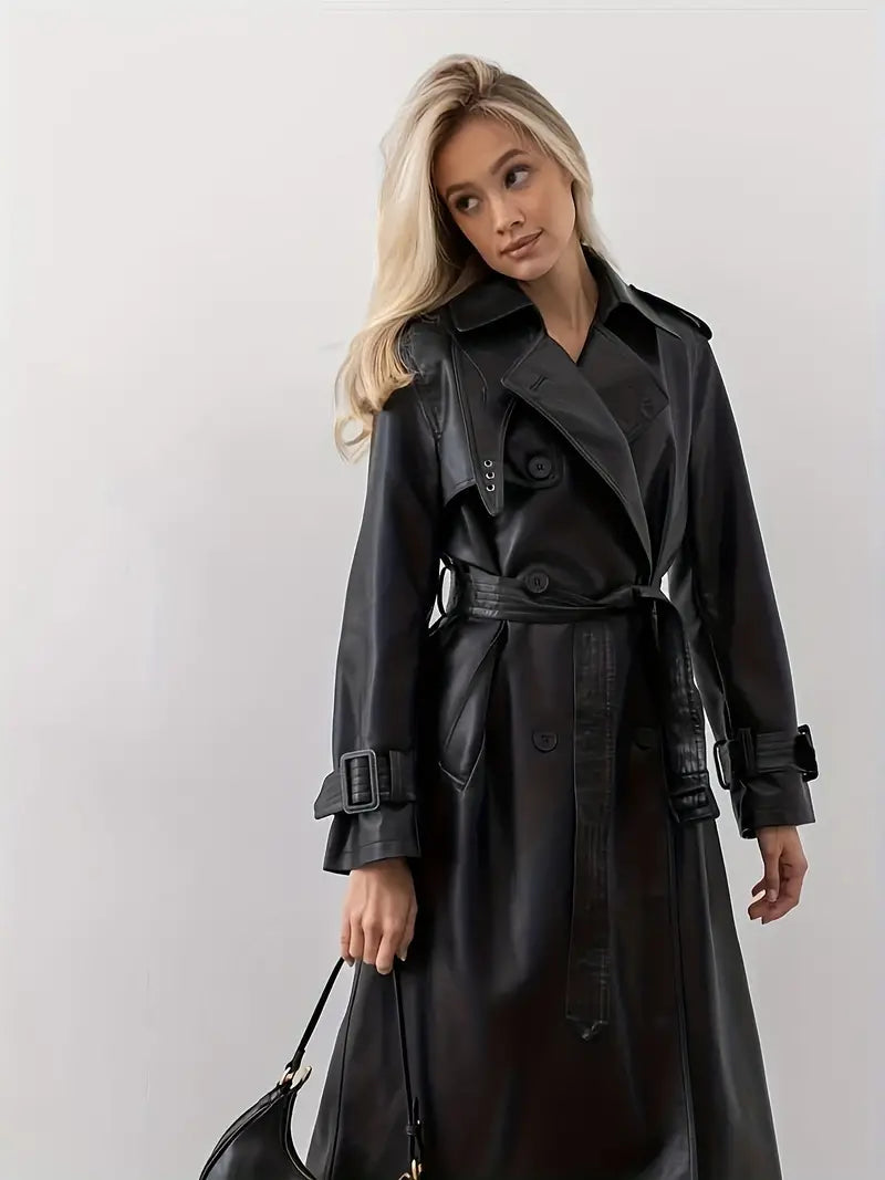 Womens black faux leather trench coat, view 1