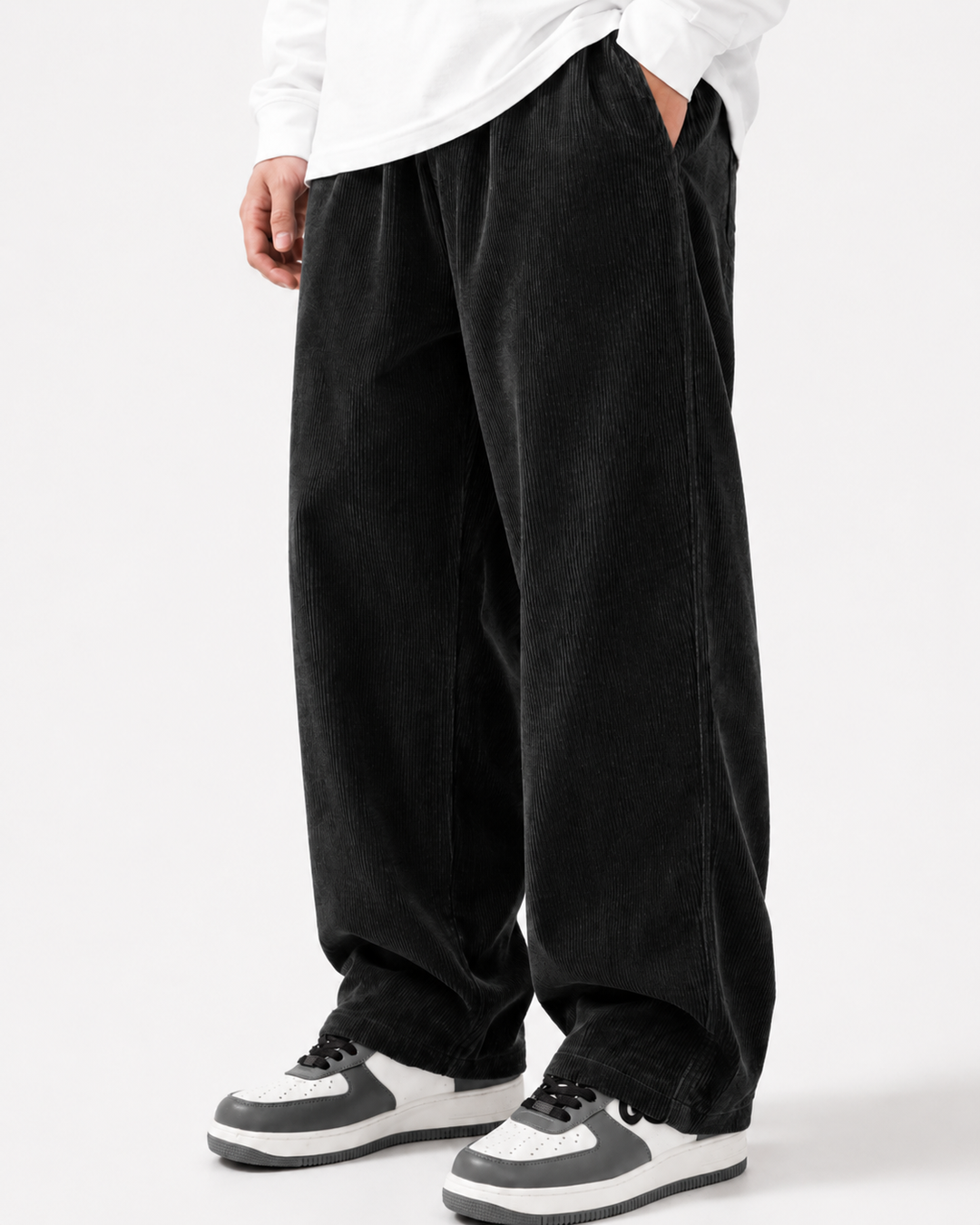 Mens wide leg corduroy trousers, view 2