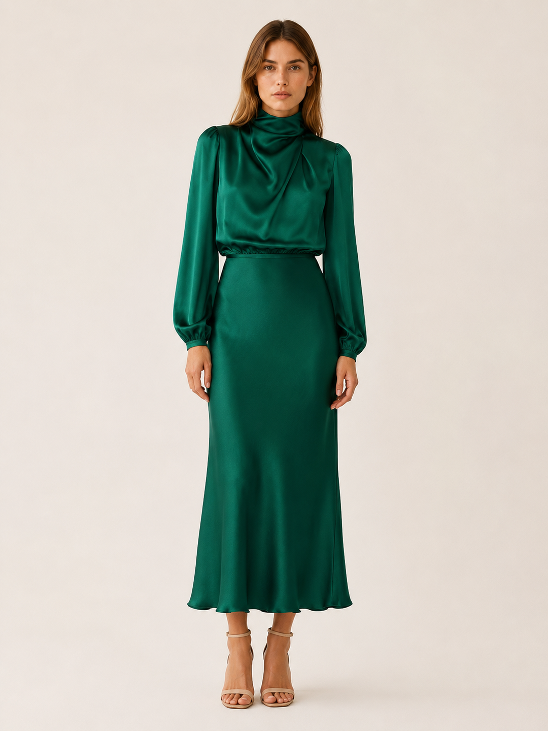Womens satin long sleeve midi dress, view 1