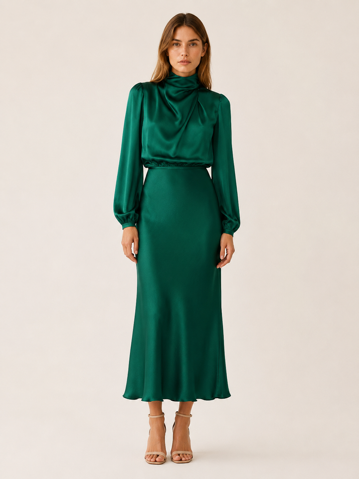 Womens satin long sleeve midi dress, view 1