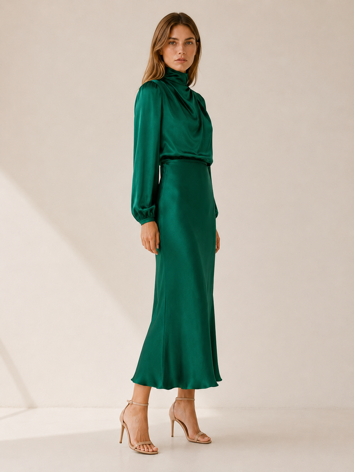 Womens satin long sleeve midi dress, view 6