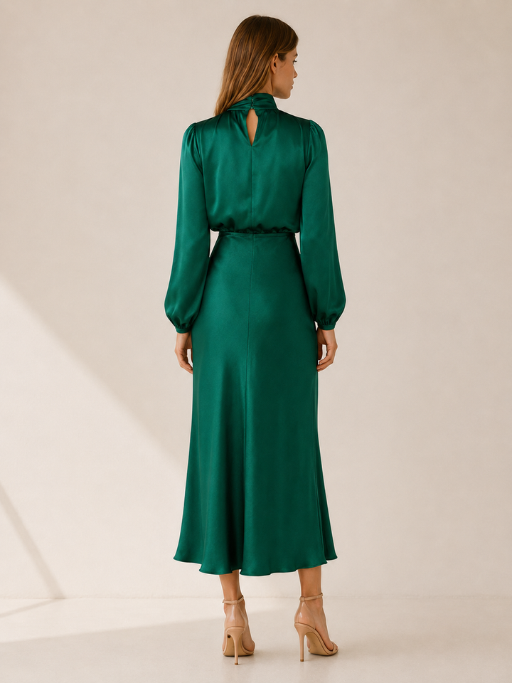 Womens satin long sleeve midi dress, view 7