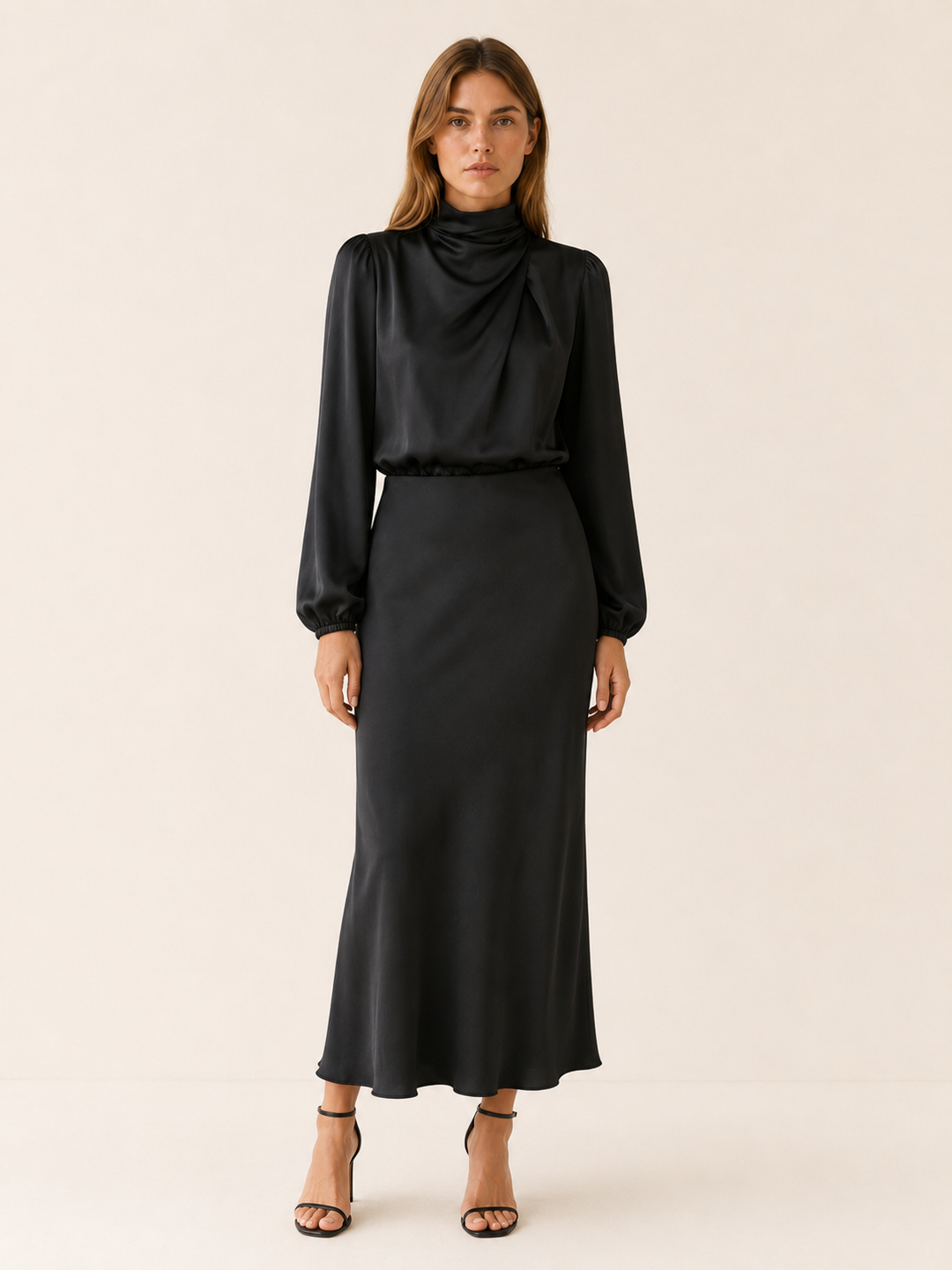 Womens satin long sleeve midi dress, view 2