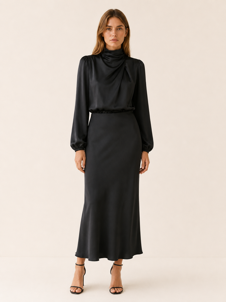 Womens satin long sleeve midi dress, view 2