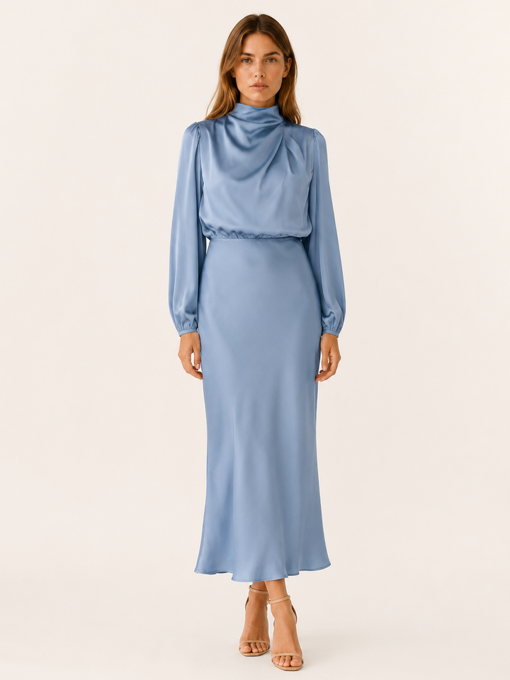 Womens satin long sleeve midi dress, view 3