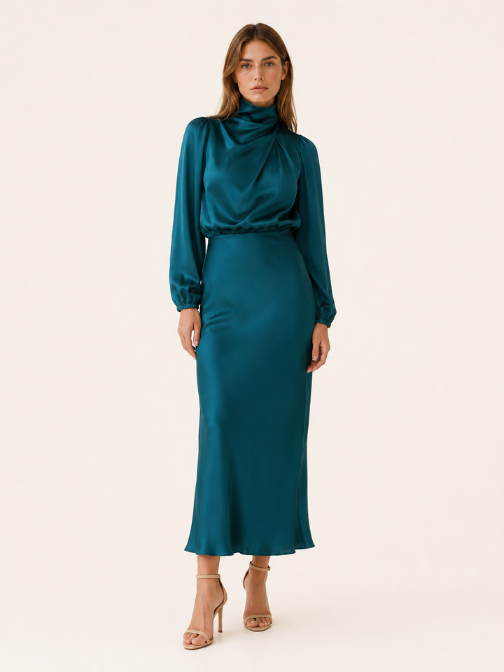 Womens satin long sleeve midi dress, view 4