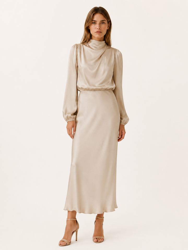 Womens satin long sleeve midi dress, view 5