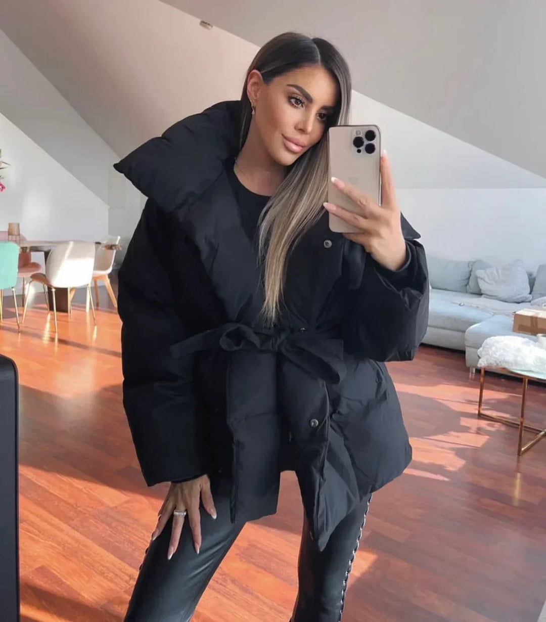 Womens oversized belted puffer jacket, view 5