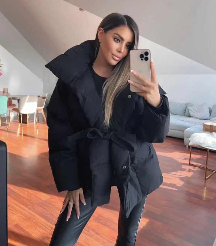 Womens oversized belted puffer jacket, view 5