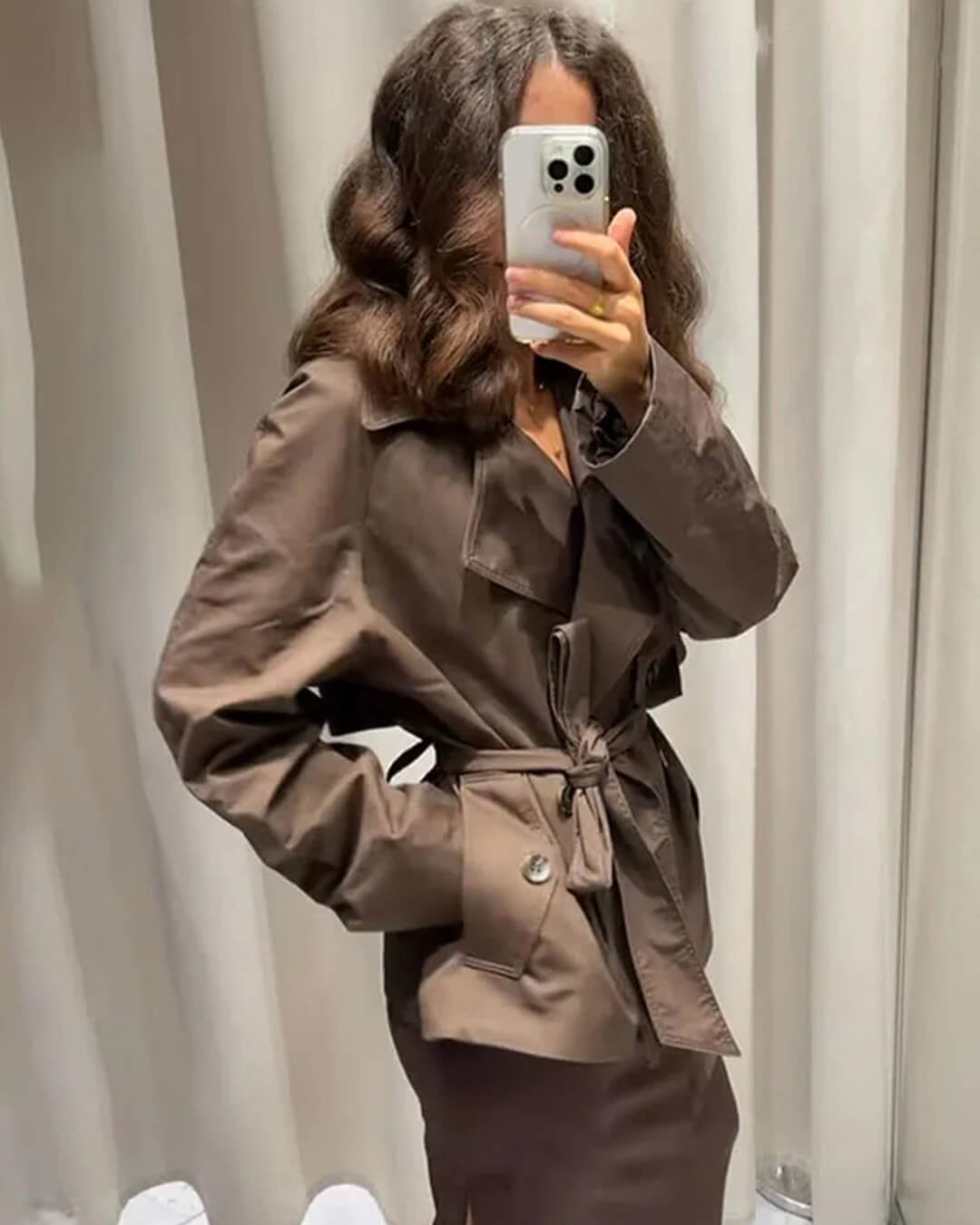Womens belted short trench coat, view 2