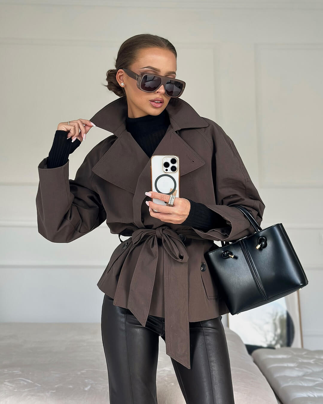 Womens belted short trench coat, view 1