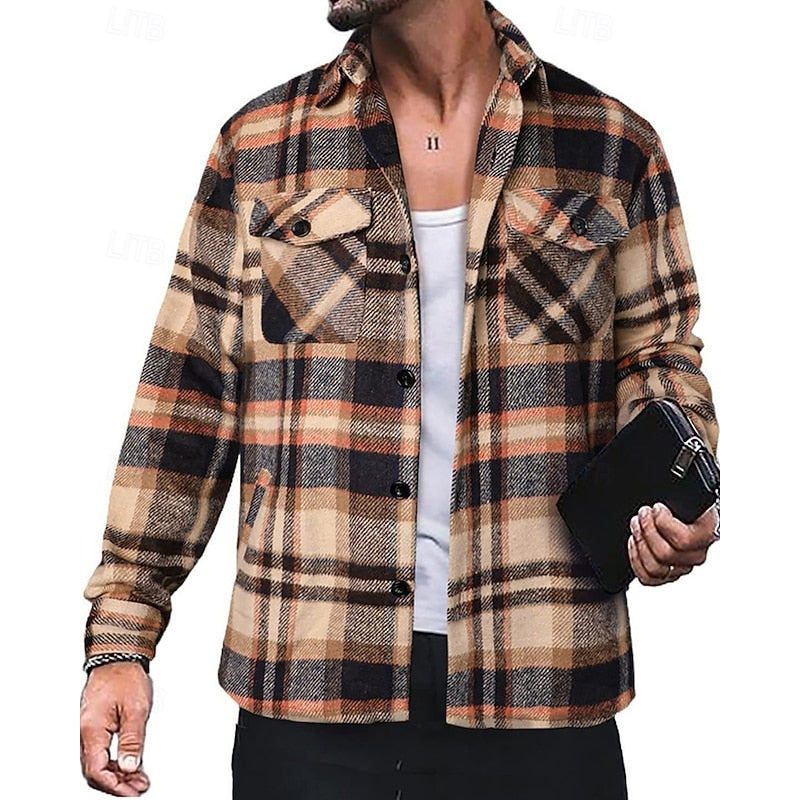 Mens plaid flannel shacket, view 1