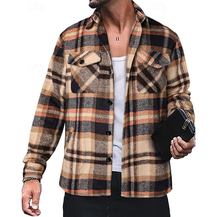 Mens plaid flannel shacket, view 1
