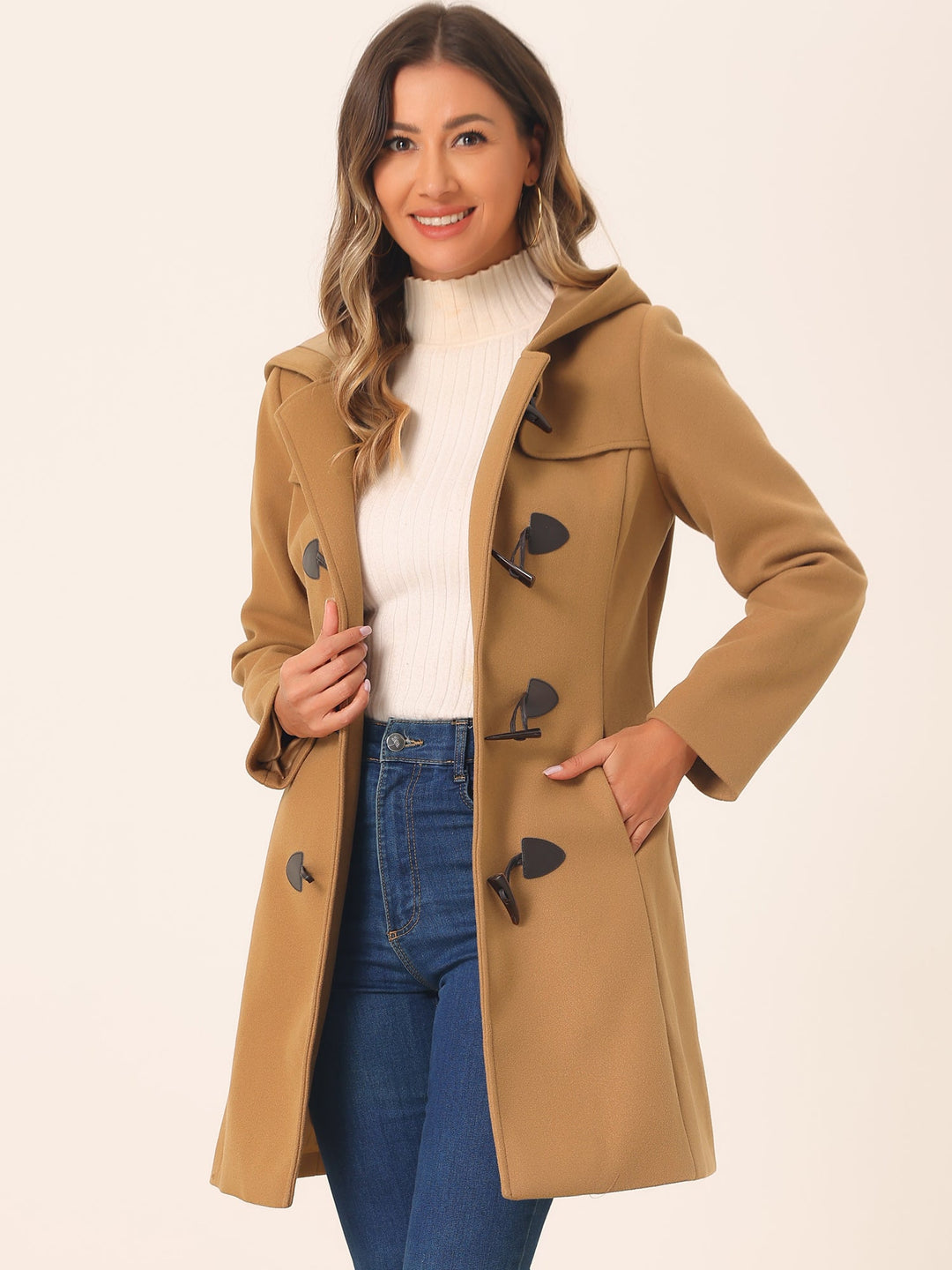 Womens hooded toggle duffle coat, view 3