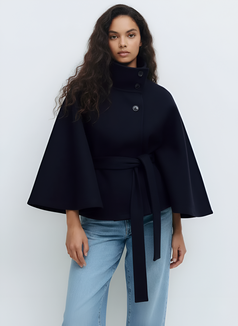 Womens belted cape coat, view 1