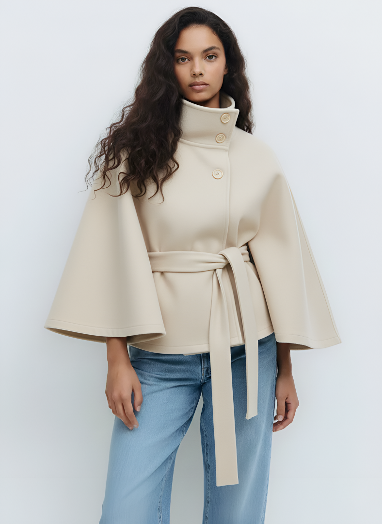 Womens belted cape coat, view 2