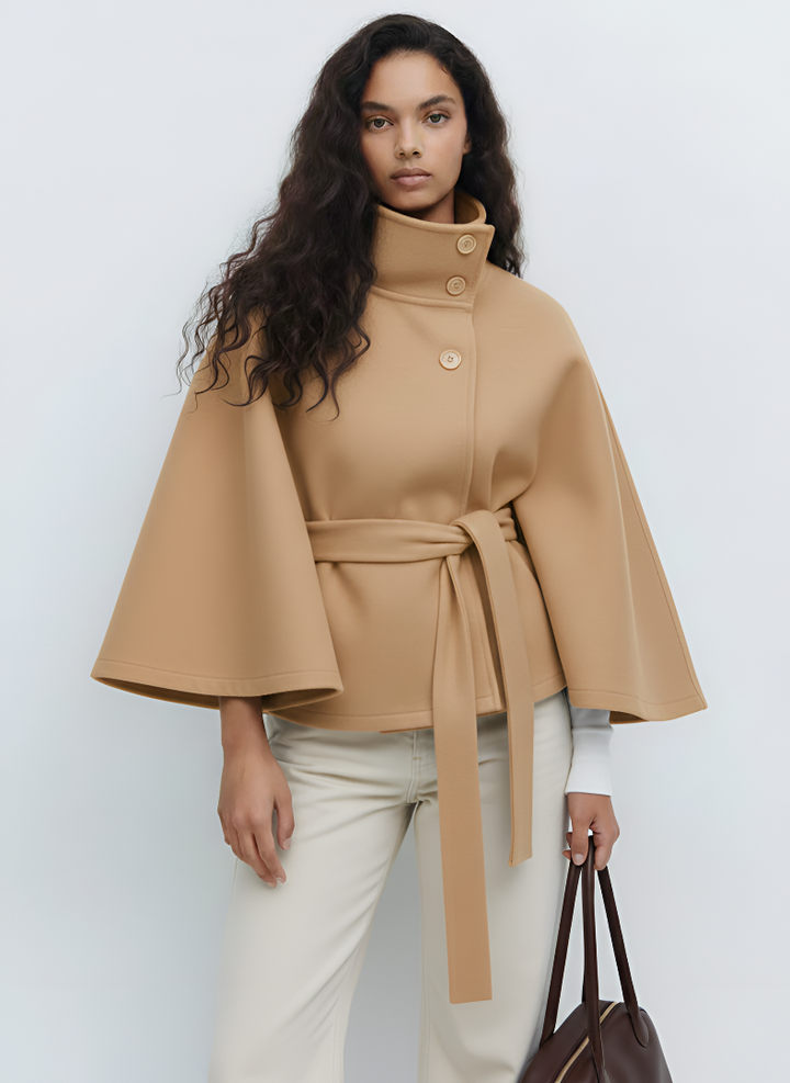 Womens belted cape coat, view 3