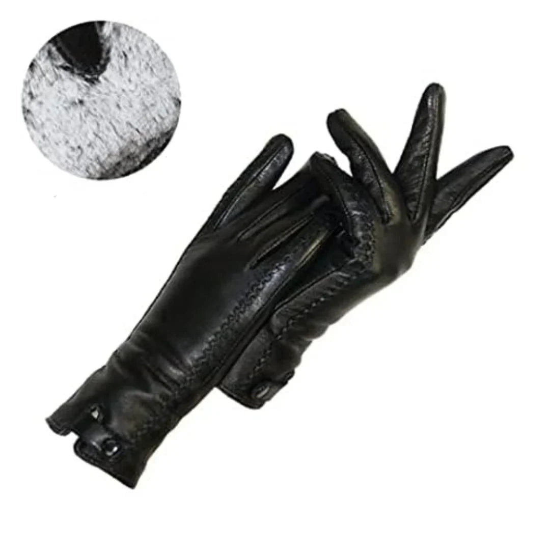 Claire | Black Leather Button Gloves Fur Lined
