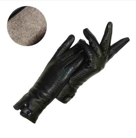 Claire | Black Leather Button Gloves Fur Lined