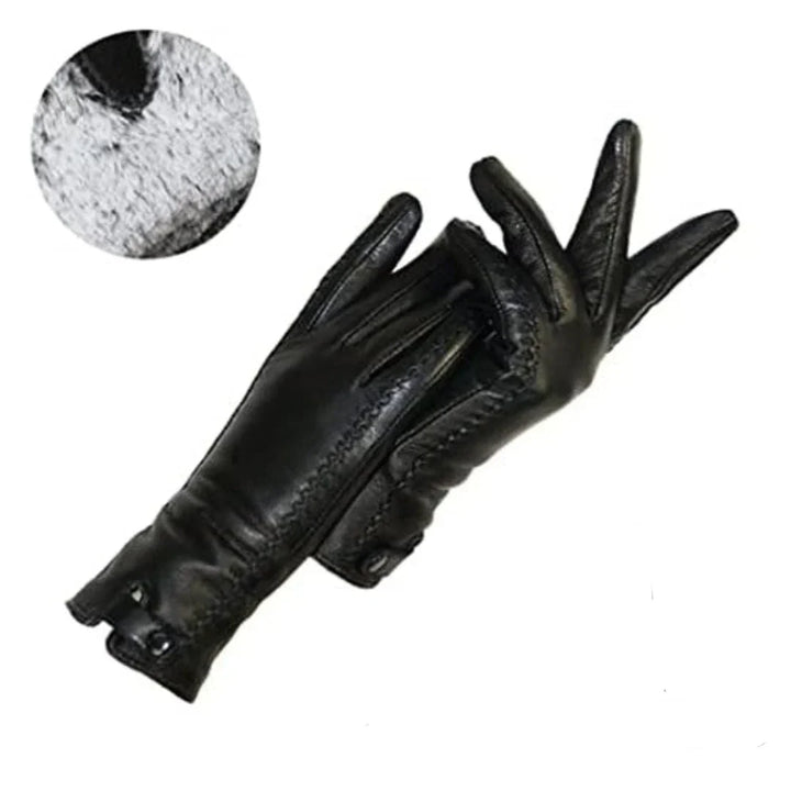 Claire | Black Leather Button Gloves Fur Lined