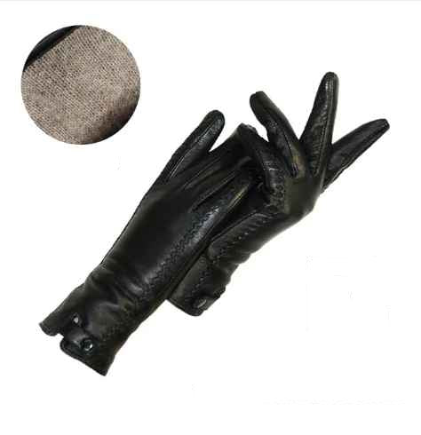 Claire | Black Leather Button Gloves Fur Lined
