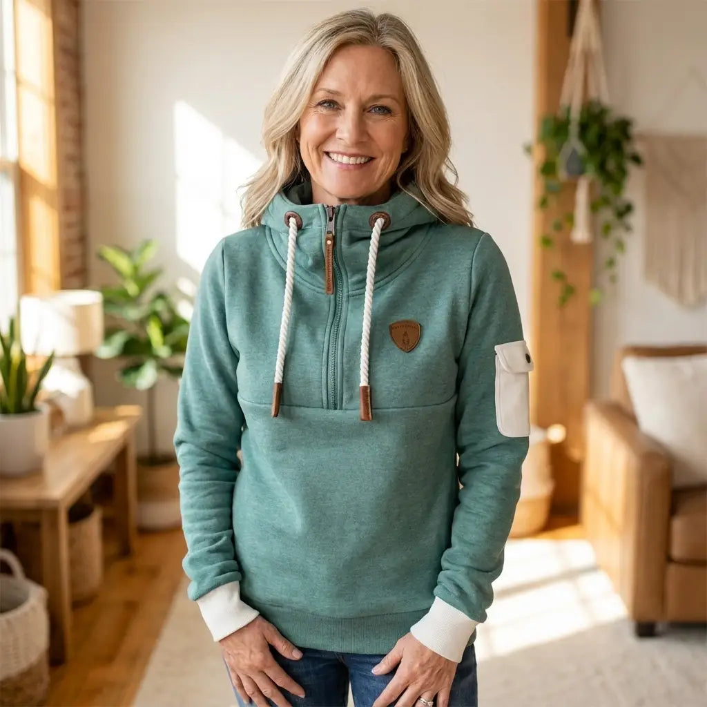 Womens half-zip fleece hoodie teal